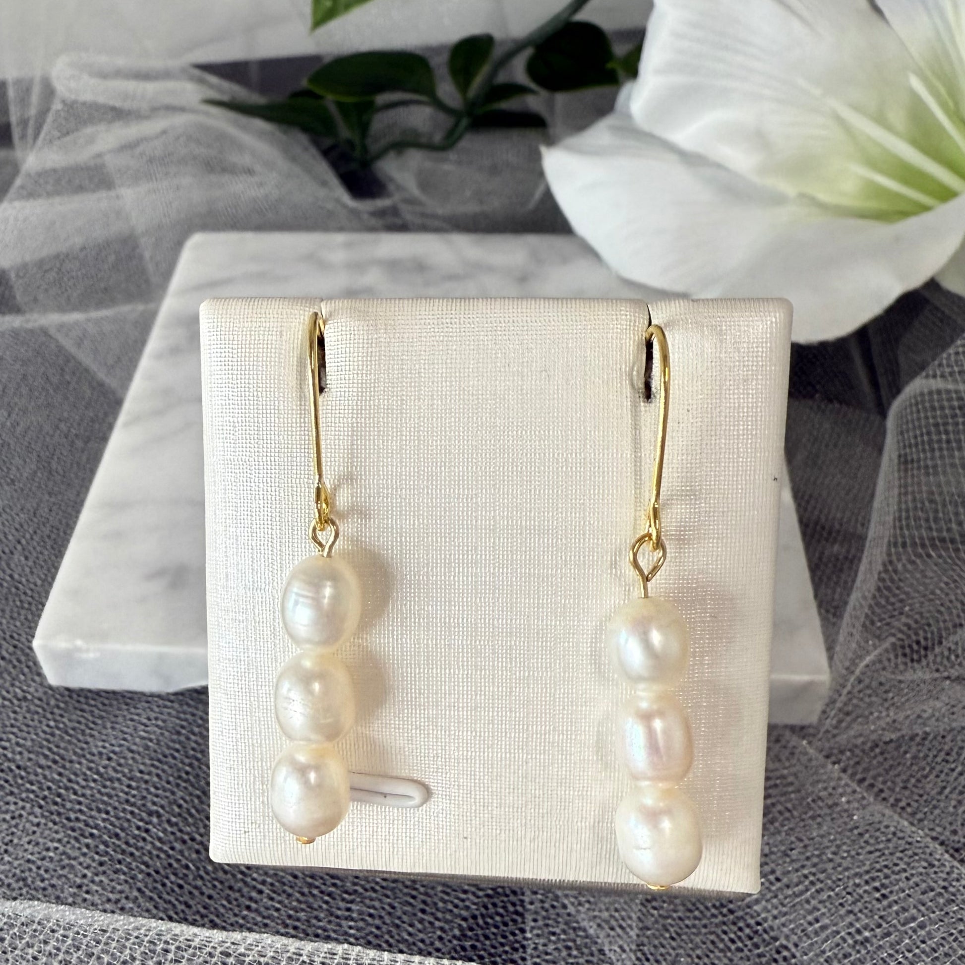 Alessia Baroque Freshwater Pearl Earrings – three organic pearls with gold hooks