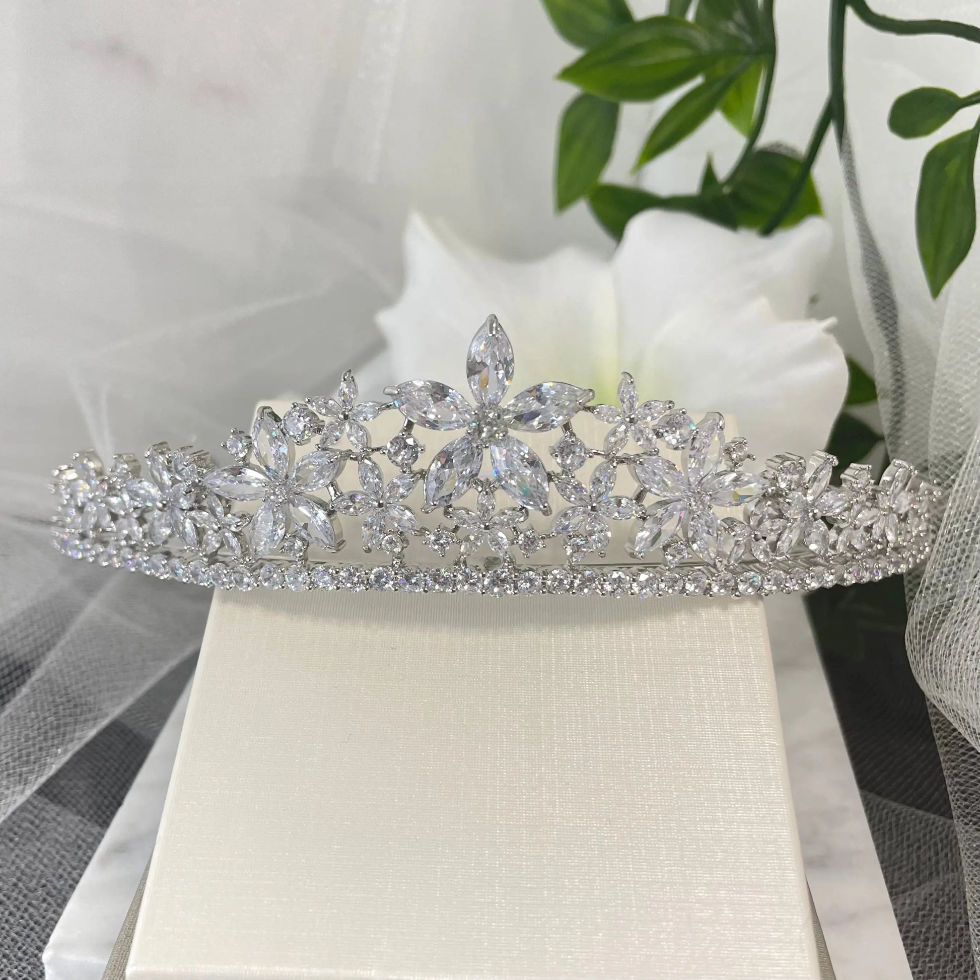 Brianna Bridal Tiara: Elegant Flower Crown Design with Sparkling Zirconia.