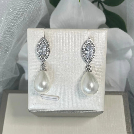 Carissa Crystal Pearl Formal Earrings: Classic Elegance for Bridal and Special Occasions.