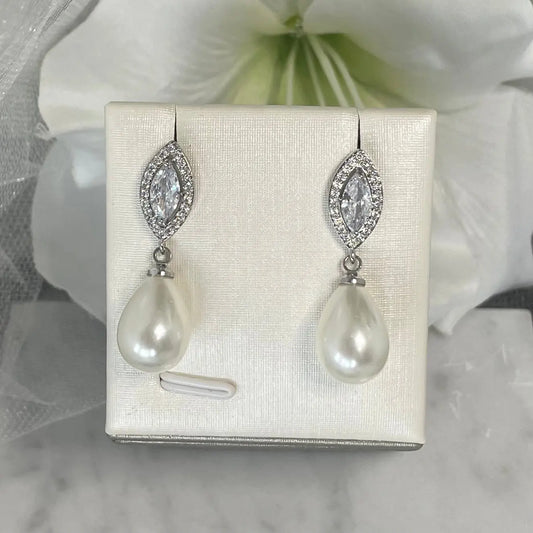 Carissa Crystal Pearl Formal Earrings: Classic Elegance for Bridal and Special Occasions.