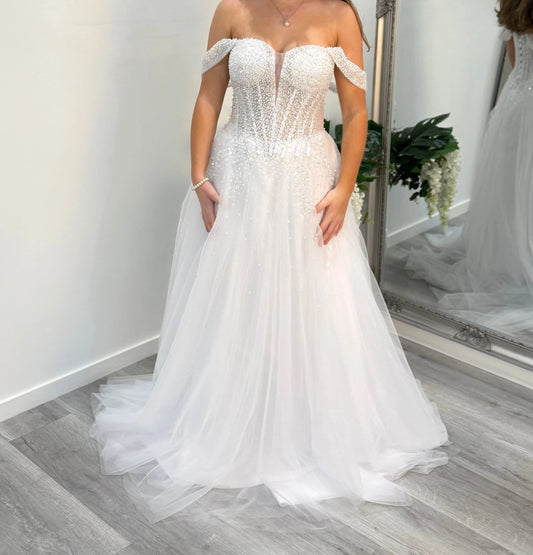 Front view of the Cecile debutante dress showing full gown detail