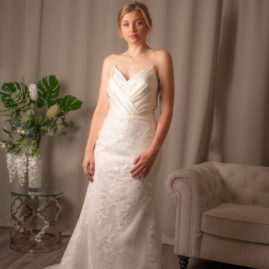 Mia lace v-neck mermaid bridal gown with optional detachable diamanté-belted skirt from Divine Bridal.
