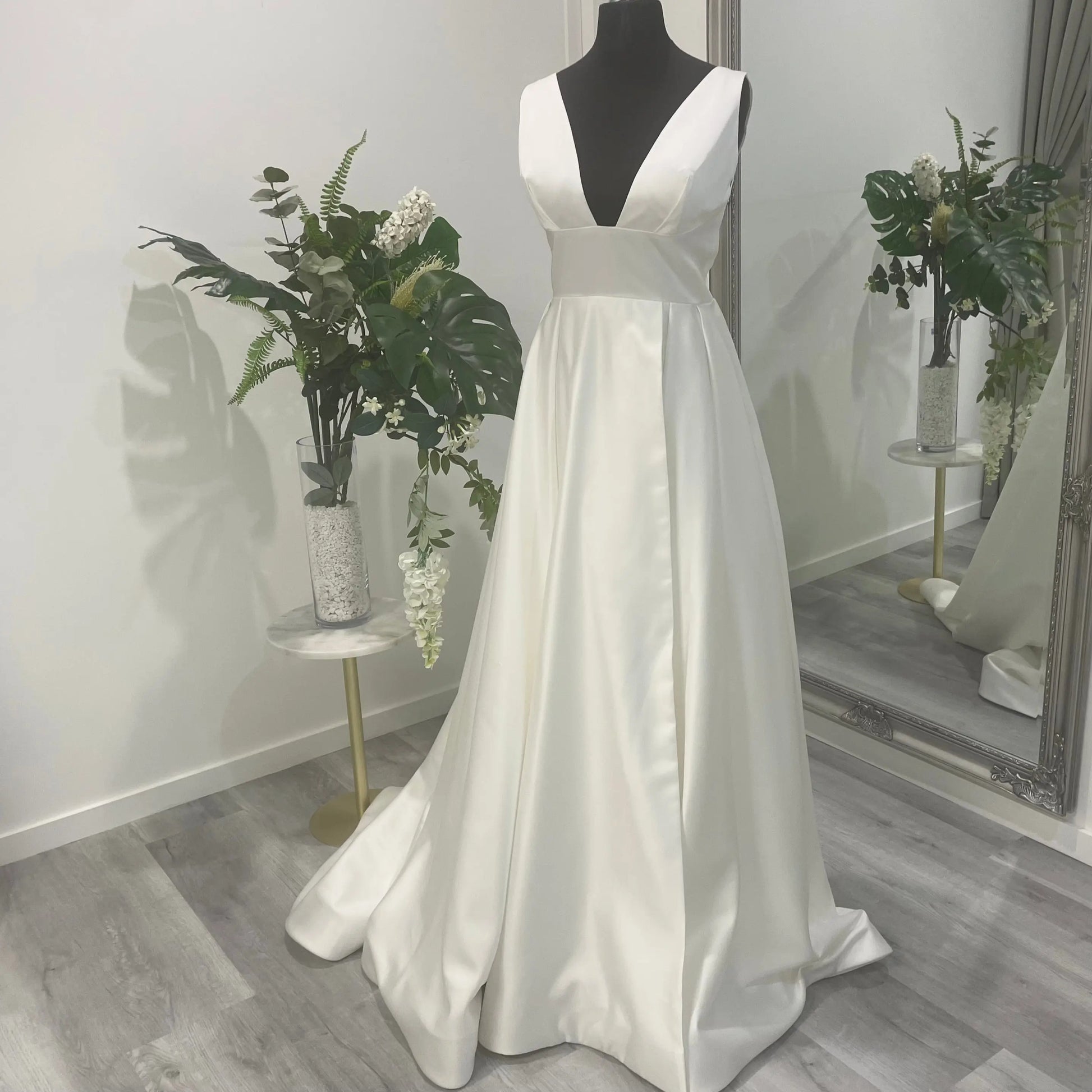 Elegant front split bridal gown with satin fabric – Darcy Divine Bridal