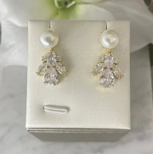 Elixir Pearl and Gold CZ Bridal Stud Earrings | Divine Bridal.