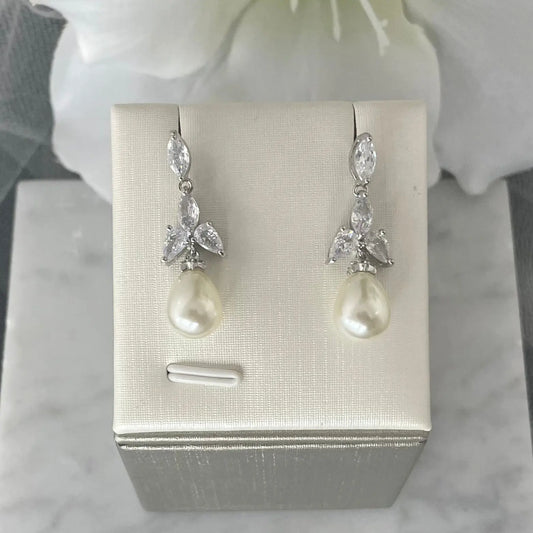 Ellet Silver Pearl Drop Earrings with CZ Cluster | Divine Bridal.