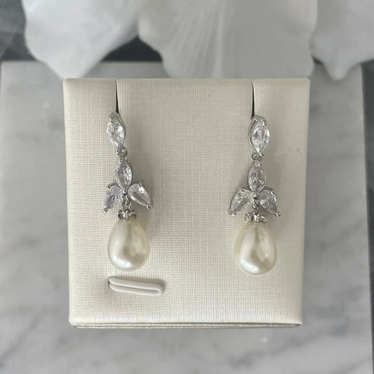 Ellet Silver Pearl Drop Earrings with CZ Cluster | Divine Bridal.