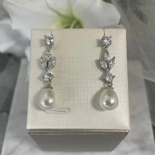 Evelyn Pearl and CZ Leaf Bridal Drop Earrings | Divine Bridal.