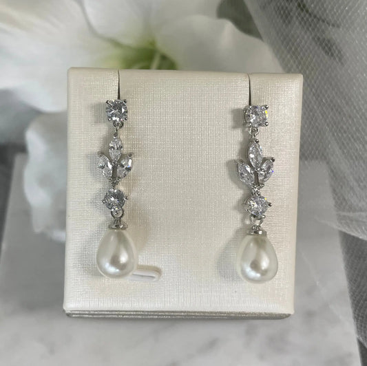Evelyn Pearl and CZ Leaf Bridal Drop Earrings | Divine Bridal.