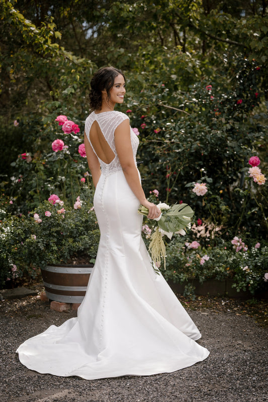 Satin Fit and Flare Wedding Dress with Hand-Beaded Bodice and Belt – Seraphina Divinebridal