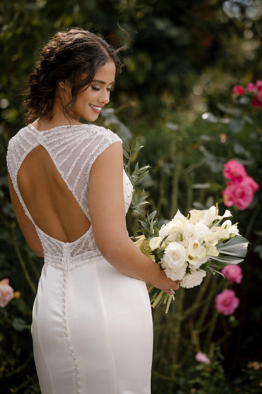 Satin Fit and Flare Wedding Dress with Hand-Beaded Bodice and Belt – Seraphina Divinebridal