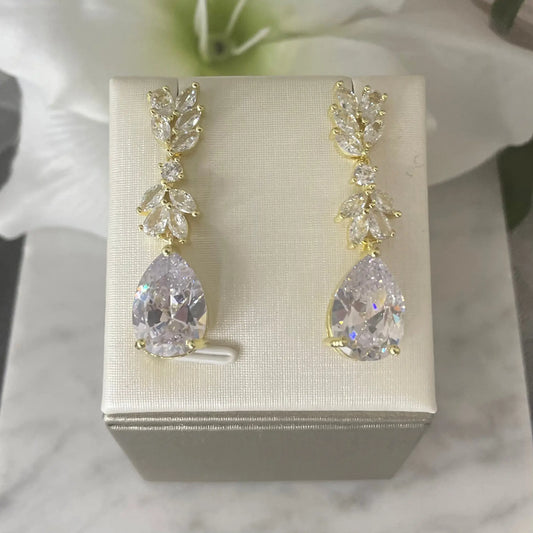 Paris Floral CZ Drop Bridal Gold Earrings | Divine Bridal.