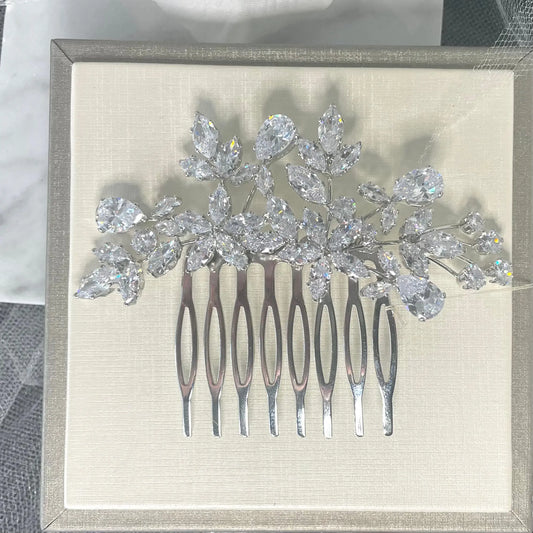 Quilla Bridal Wedding Floral Hair Comb: CZ Elegance.