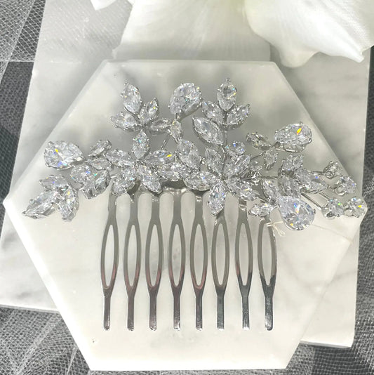 Quilla Bridal Wedding Floral Hair Comb: CZ Elegance.