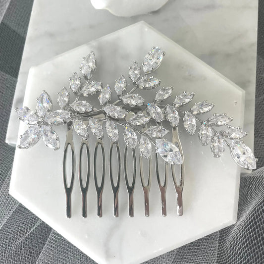 Ross Leaf Bridal Comb Headpiece: Marquise Crystal Elegance.