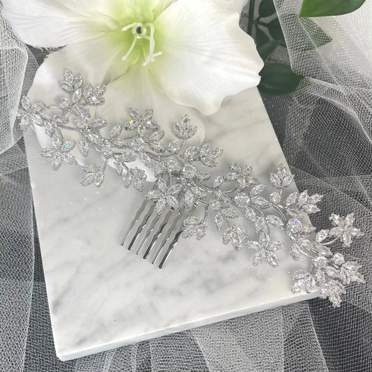 Thea Rhinestone Leaf Bridal Wedding Diamante Hair Comb: Sparkling Elegance.