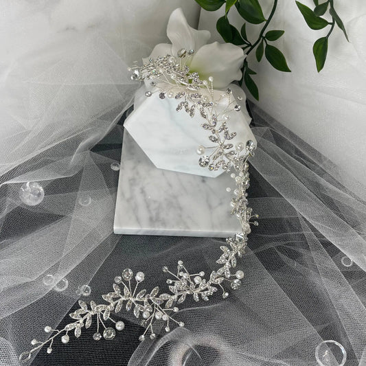 Violet Crystal and Pearl Heaven Hair Vine: Ethereal Bridal Elegance.