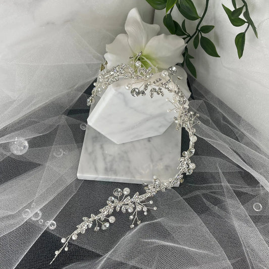 Violet Crystal and Pearl Heaven Hair Vine: Ethereal Bridal Elegance.