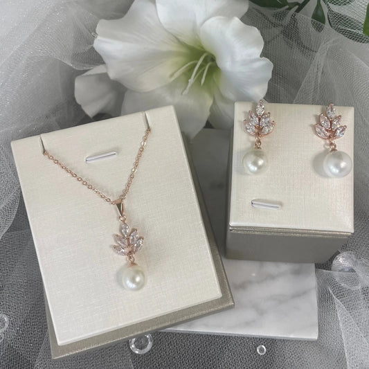 Zara Leaf Pearl Drop Necklace, Earring & Set.