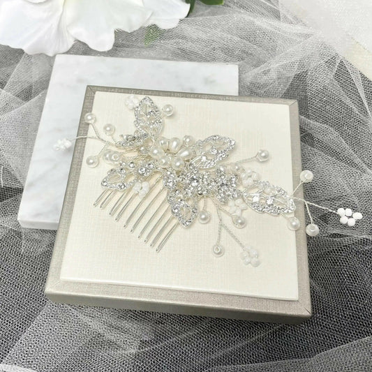Betty Pearl Silver Leaf Hair Comb hair accessories for wedding online.