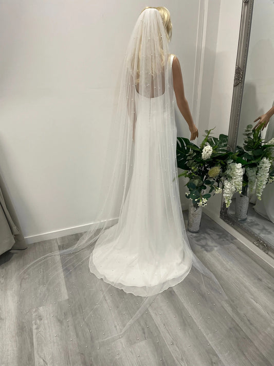 Back view of bride wearing 2.5m pearl bridal veil with long cathedral train and metal comb