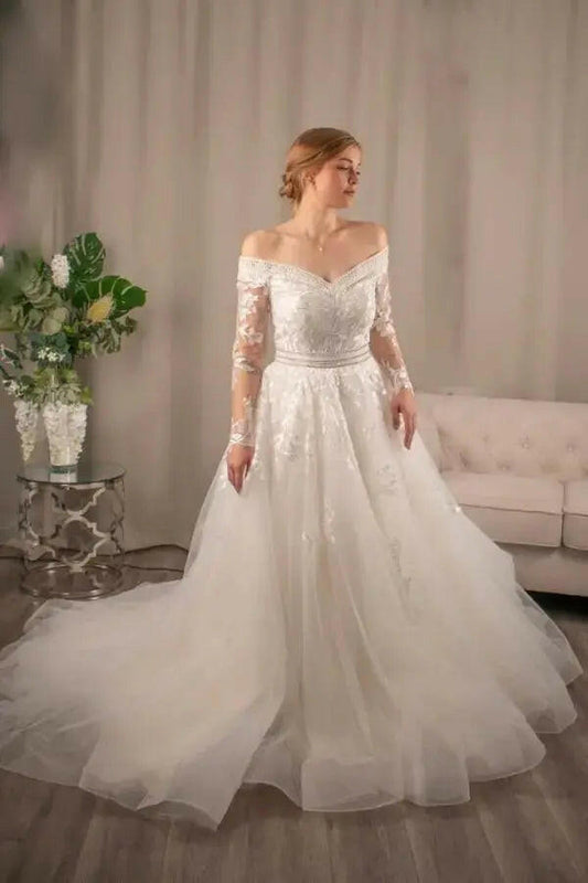 Romantic lace ball gown off the shoulder bridal gown Melbourne
