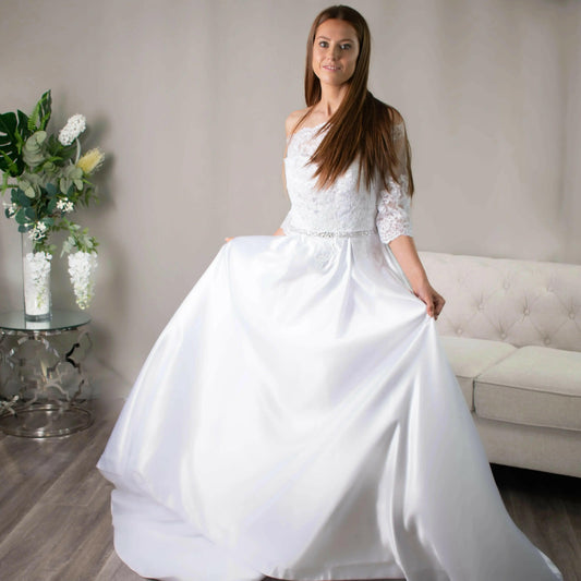 Elizabeth Lace Debutante Dress: Elegant Satin A-Line Deb Dress with Sleeves.