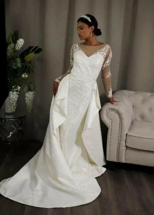 Estelle: Long Sleeve Lace Wedding Dress & Detachable Skirt Gown.