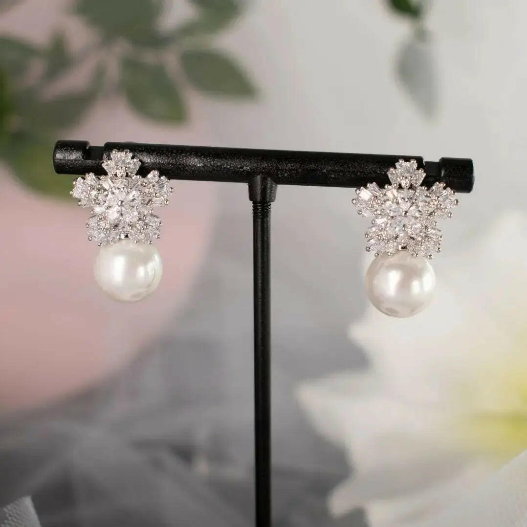 Fletcher CZ Snowflake Pearl Earrings | Divine Bridal.
