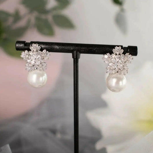 Fletcher CZ Snowflake Pearl Earrings | Divine Bridal.