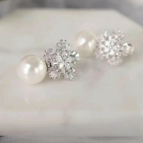 Fletcher CZ Snowflake Pearl Earrings | Divine Bridal.