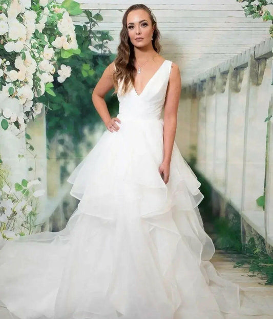 Gabriella V-neckline Layered Skirt Bridal Wedding Dress.