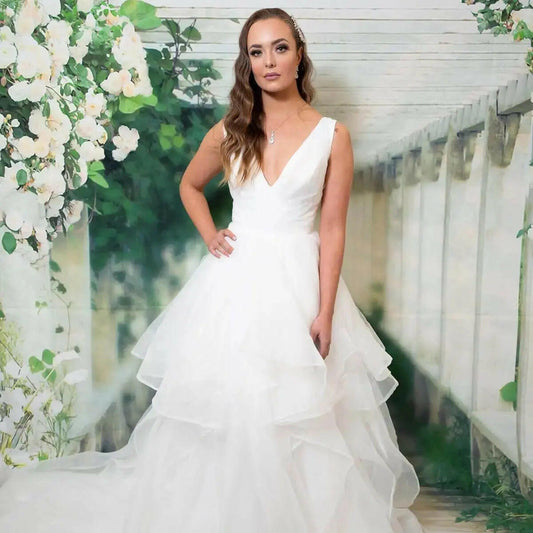 Gabriella V-neckline Layered Skirt Bridal Wedding Dress.