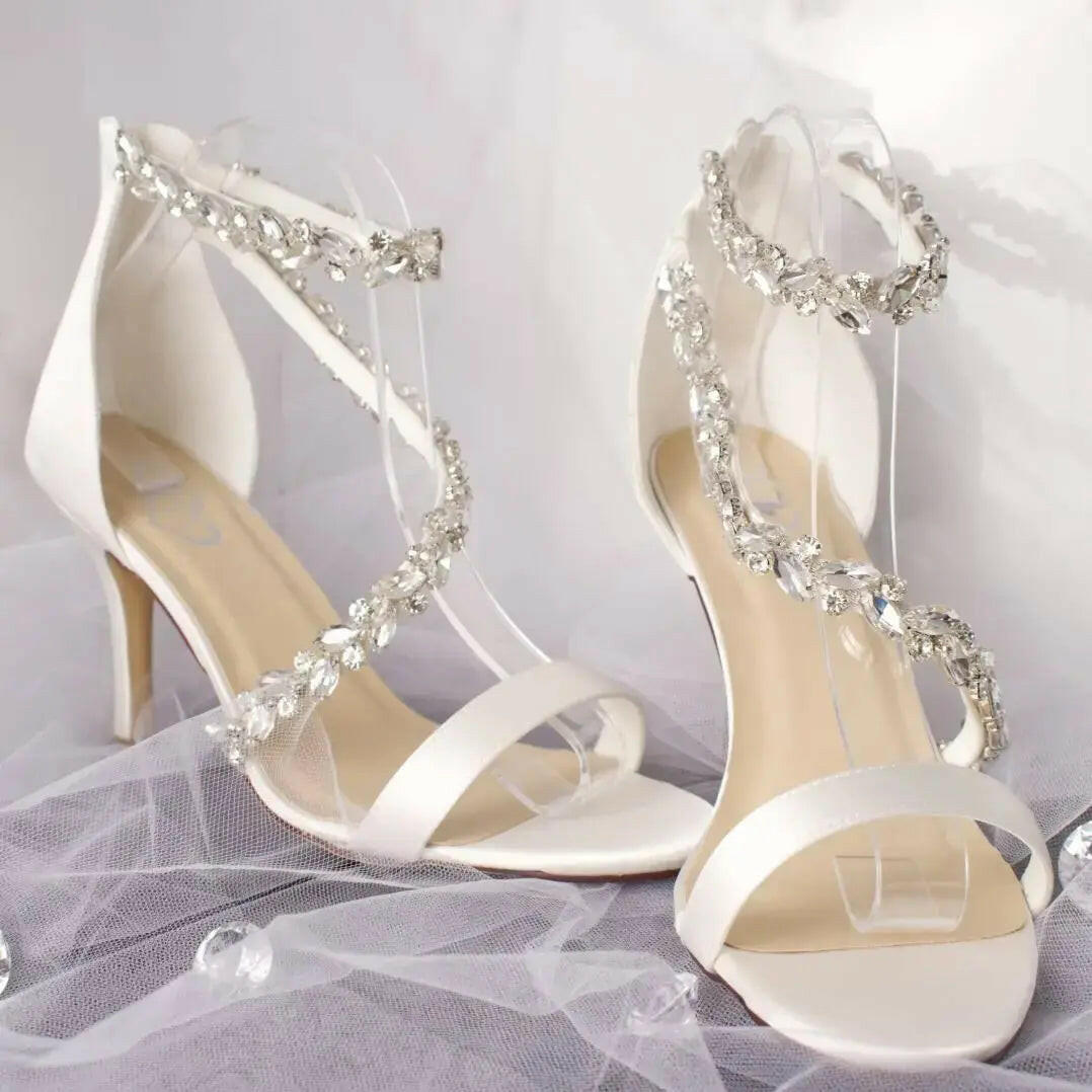 Oksana Open Toe Diamante Ankle Strap Wedding Bridal Shoe.