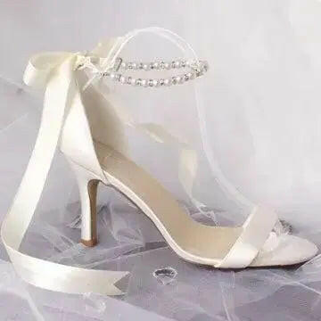 Olena Open Toe Pearl Ankle Strap Wedding Bridal Shoes.