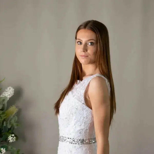 Sarah High Neckline Lace Deb Dress – Mermaid Style Debutante Gown.