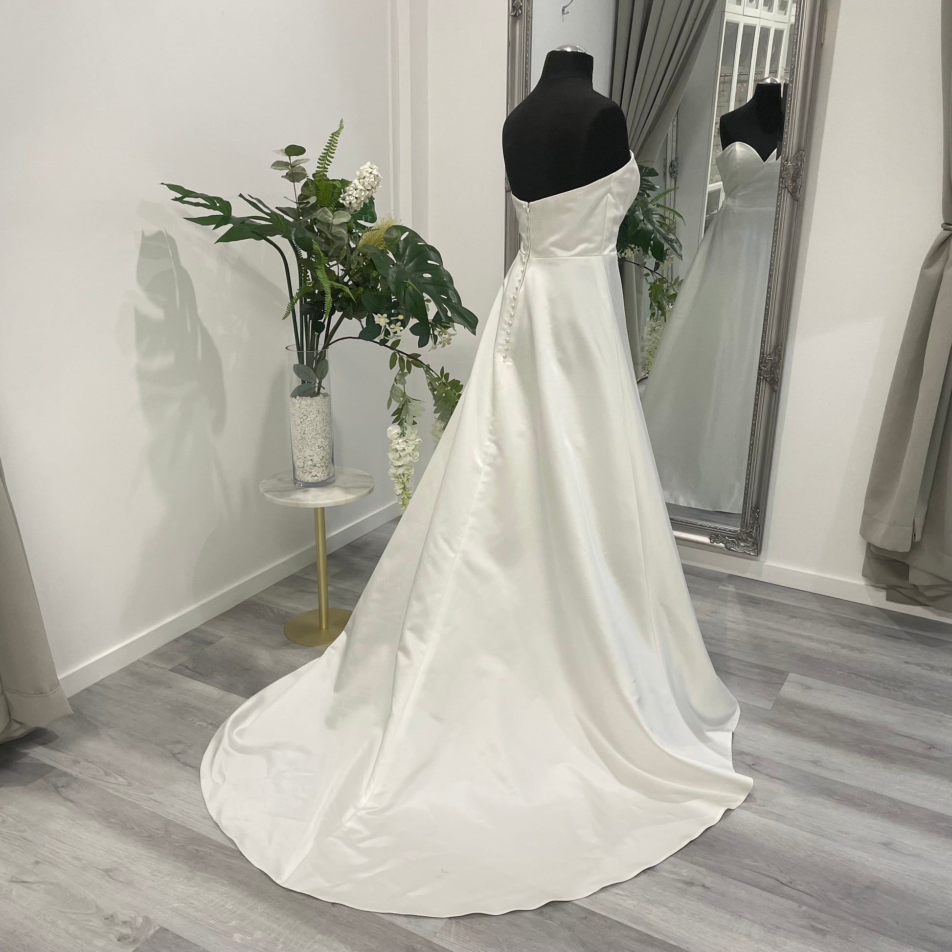 Opal Satin A-Line Wedding Dress showcasing elegance and simplicity at Divine Bridal.