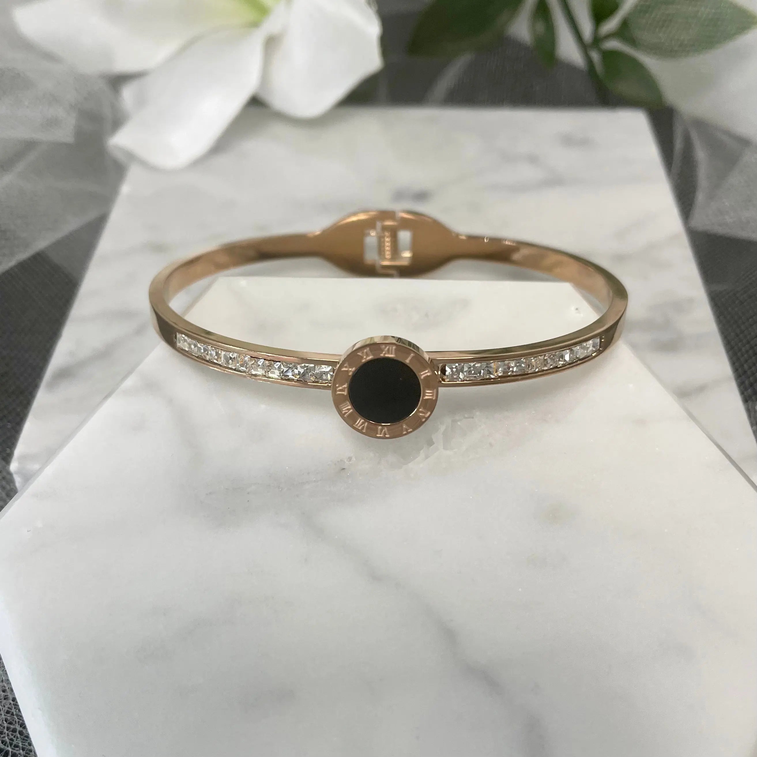 18k Rose Gold Plated Bracelet CZ with Roman Numerals.