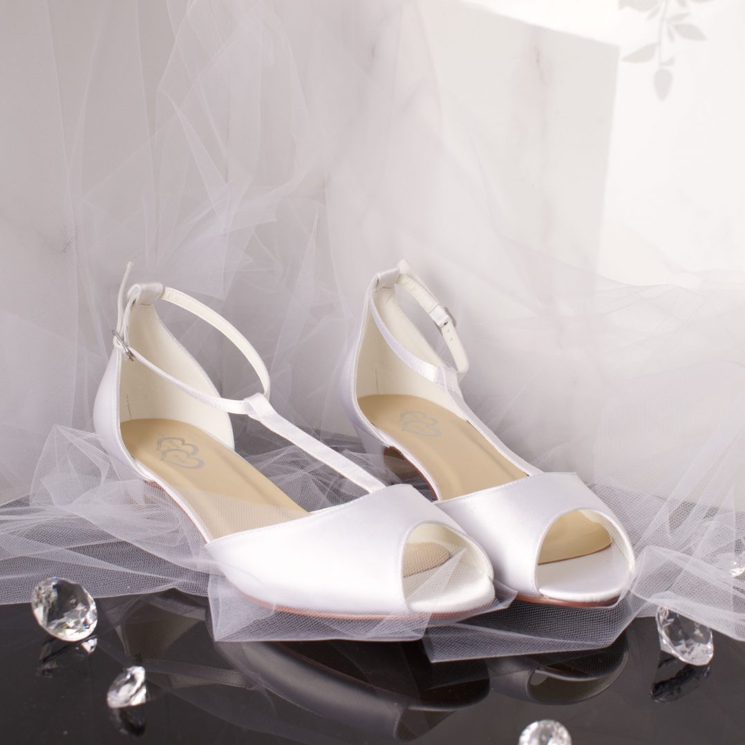 Flora Peep Toe T-bar Bridal Shoes with Ankle Strap on Tulle Background