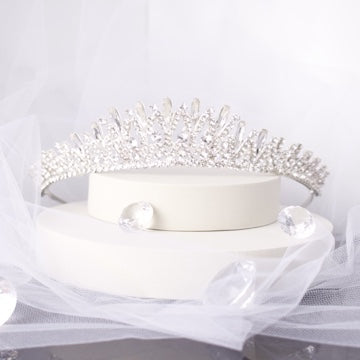 Bianca Bridal Tiara adorned with CZ rhinestones and delicate jewel shapes, offering a sophisticated and sparkling addition to any bridal gown.