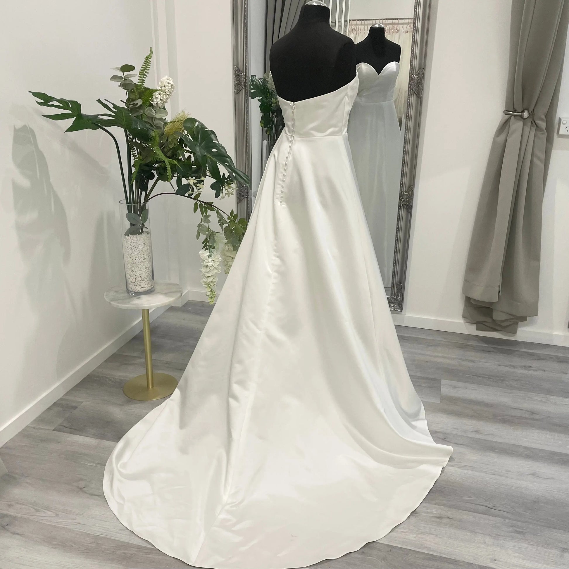 Opal Satin A-Line Wedding Dress showcasing elegance and simplicity at Divine Bridal.