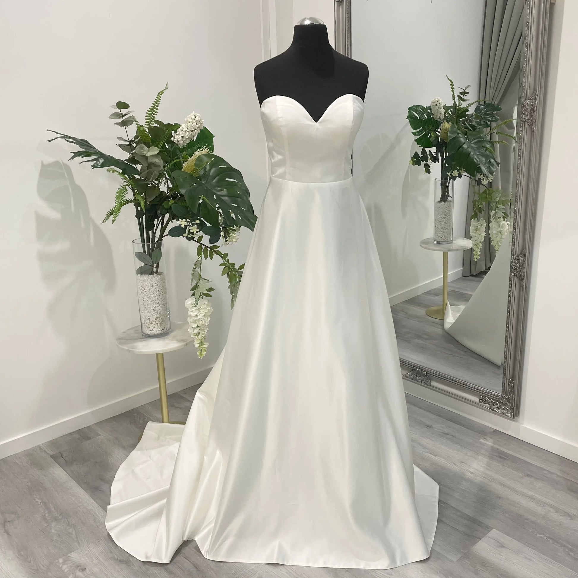 Opal Satin A-Line Wedding Dress showcasing elegance and simplicity at Divine Bridal.