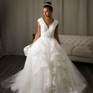 Lucille Lace Ball Gown Bridal Dress with Plunging V-neckline by Divine Bridal.