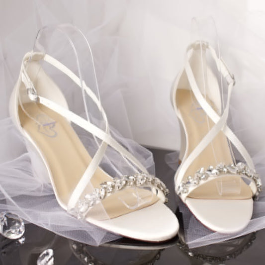Giselle Open Toe Diamante Cross over Ankle Strap Wedding Bridal Wedge Shoe