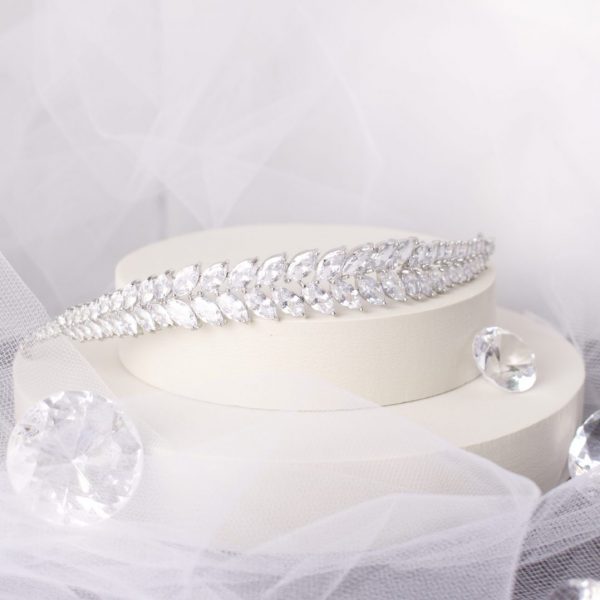 Magnificent Ella Bridal Headband adorned with dazzling cubic zirconia marquise crystals, crafted in elegant silver, perfect for enhancing any bridal ensemble with timeless elegance.