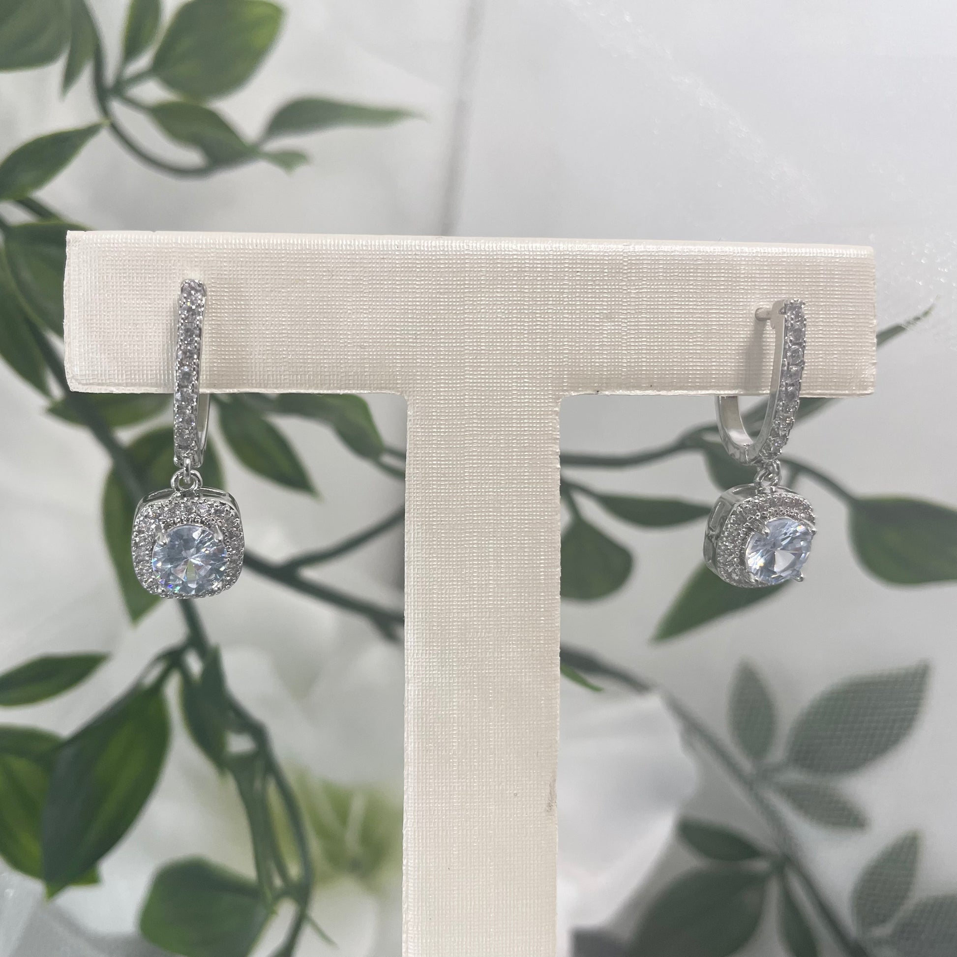 Alana Bridal Crystal Earrings with cubic zirconia, delicate hoop, and square pendant from Divine Bridal.