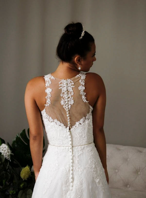 Fabiana high illusion neckline, Lace, A-line skirt & diamanté belt Bridal Wedding Dress