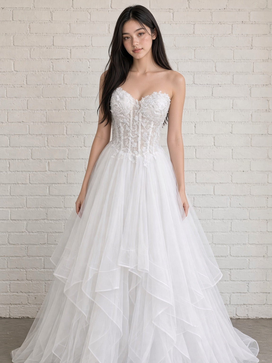 Abby V1 white sheer corset debutante dress, front view on mannequin with floral lace bodice and full ruffle skirt