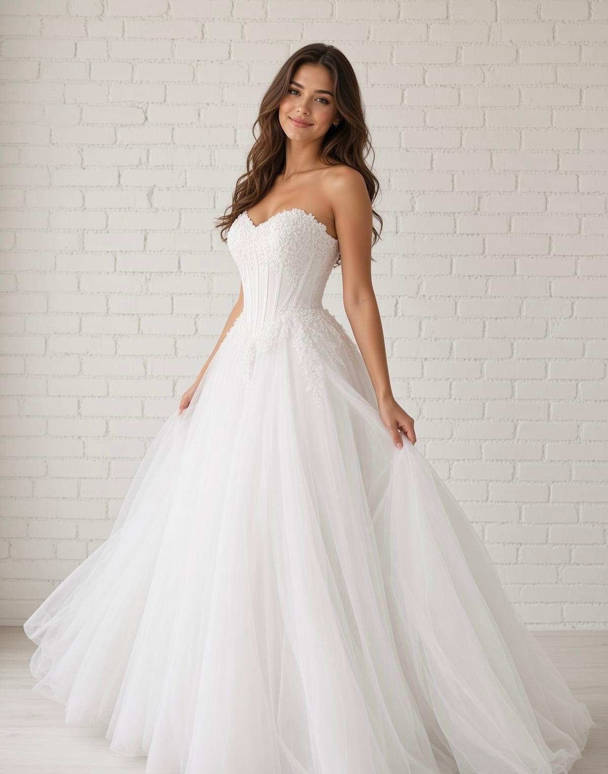 Alex white strapless lace appliqué deb ball dress, front view on model with sweetheart bodice and full tulle skirt