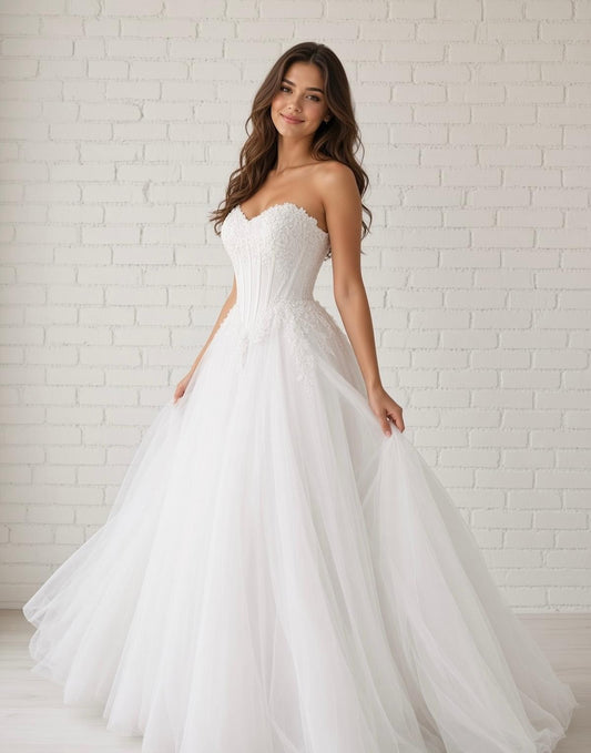 Alex white strapless lace appliqué deb ball dress, front view on model with sweetheart bodice and full tulle skirt