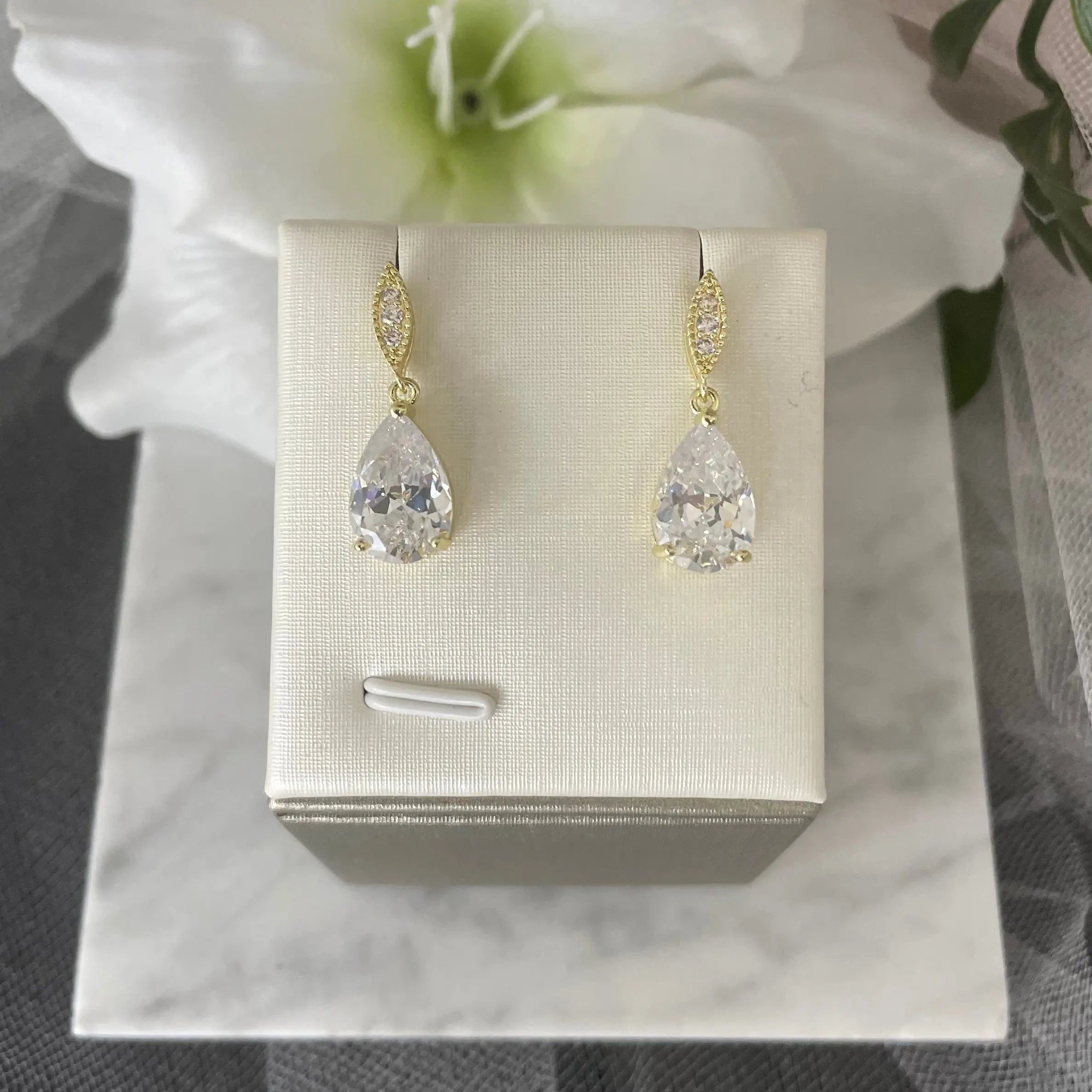 Aria Teardrop Cubic Zirconia Bridal Gold Earrings | Divine Bridal.